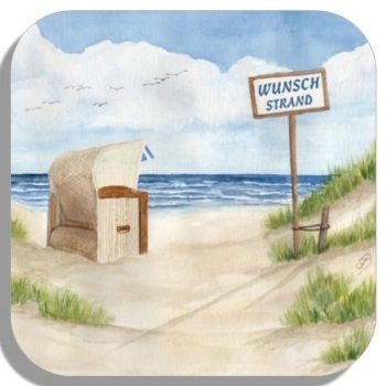 Untersetzer Glasuntersetzer 9,5 x 9,5 cm Aquarell Kunst Druck Kunstdruck Strandkorb Sonnenuntergang Nordsee Insel Langeoog Sntergang Meer Möwe Strand Wunschname